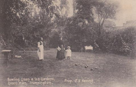 Postcard of the ‘Bowling Green & Tea Gardens, Green Man, Trumpington’, mid 1900s.
