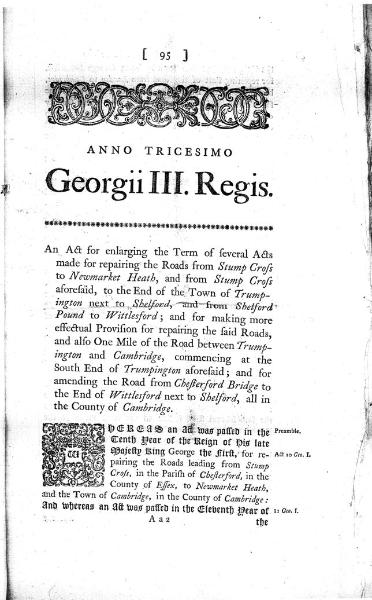 Title page, Act for Road from Stump Cross to Trumpington, Stump Cross Turnpike Trust (Statutes 30 George III, c.94, 1790). Cambridgeshire Archives, P175/28/1.
