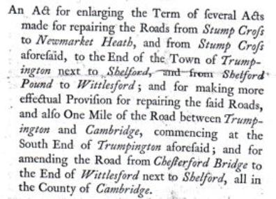 Extract from title page, Act for Road from Stump Cross to Trumpington, Stump Cross Turnpike Trust (Statutes 30 George III, c.94, 1790). Cambridgeshire Archives, P175/28/1.