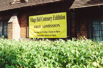 Exhibition banner and Trumpington Village Hall on the centenary of its opening, 22 October 2008