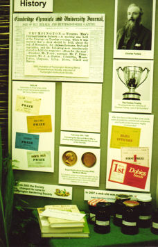 History display panel at the Trumpington Village Hall Centenary Exhibition 20-25 October 2008 including item from Cambridge Chronicle 7 April 1883 reporting the formation of the Working Men's Chrysanthemum Society. Photo: Andrew Roberts.
