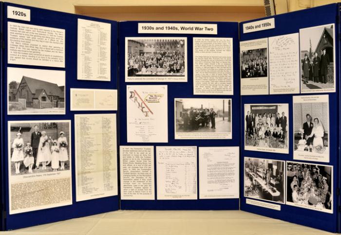 Displays panels about the history of the Village Hall: 5) 1920s; 6) 1930s and 40s including Second World War; 7) 1940s and 1950s, Trumpington Village Hall Centenary Exhibition, 21-25 October 2008
