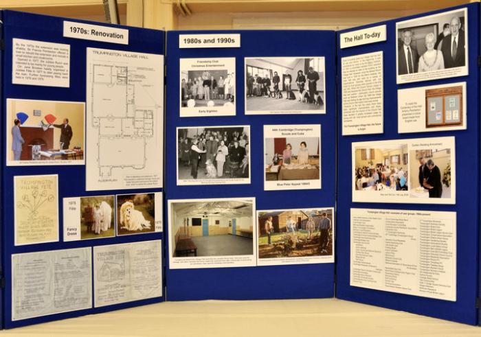 Displays panels about the history of the Village Hall: 9) 1970s, renovation; 10) 1980s and 1990; 11) the Hall today, Trumpington Village Hall Centenary Exhibition, 21-25 October 2008