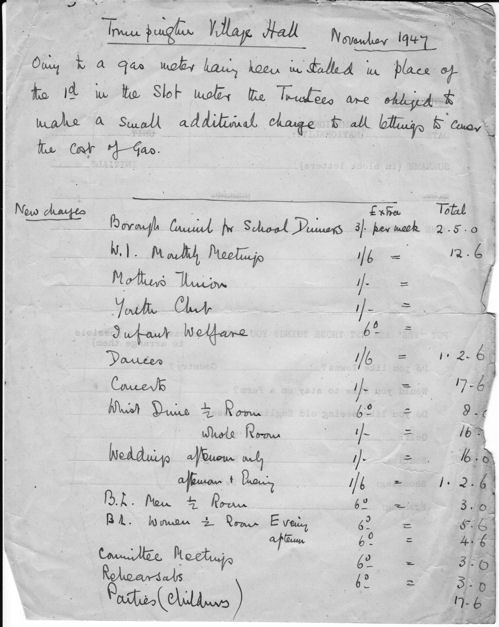 Revised list of charges for the use of the Hall, November 1947.
