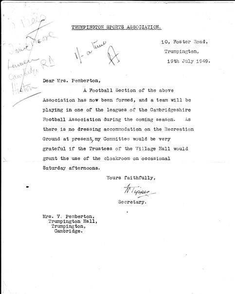 Request from Trumpington Sports Association to allow the Football Club to use the cloakrooms as dressing rooms, 1949.