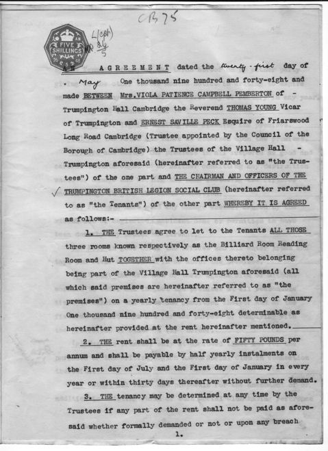 Agreement between the Trustees and the Trumpington British Legion Social Club, 1948.