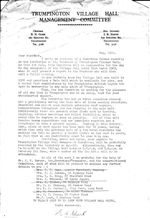 Letter from the Committee to local residents, May 1962.