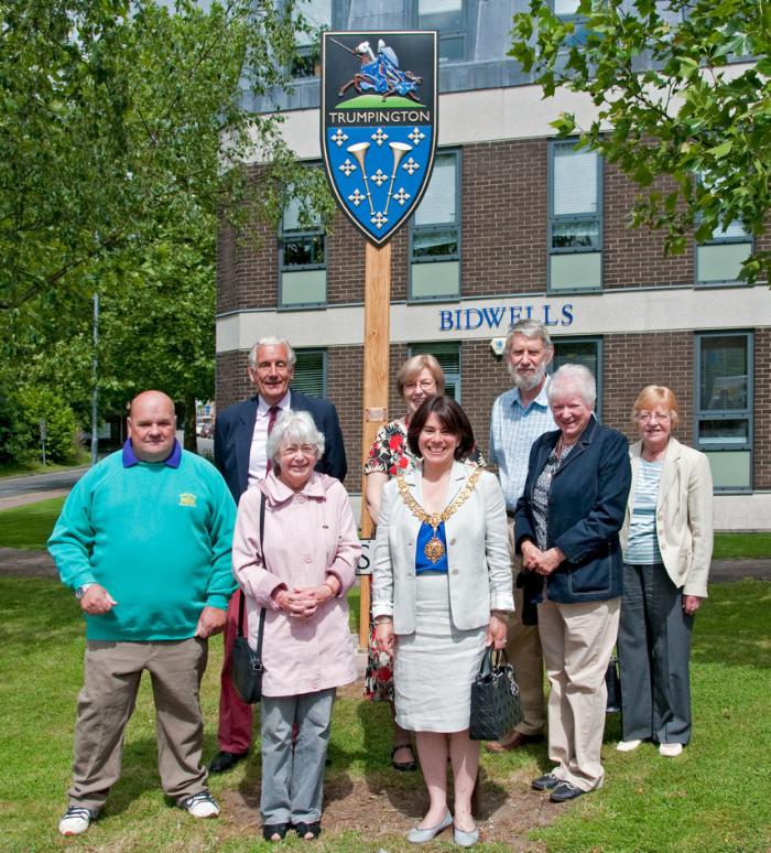 Graham Bass, Antony Pemberton, Shirley Brown, Sheila Betts, Councillor Sheila Stuart, the Mayor of Cambridge, Howard Slatter, Janet Hendy and Brenda Bass, at the unveiling of the new village sign, 15 June 2010. Photo: Stephen Brown.