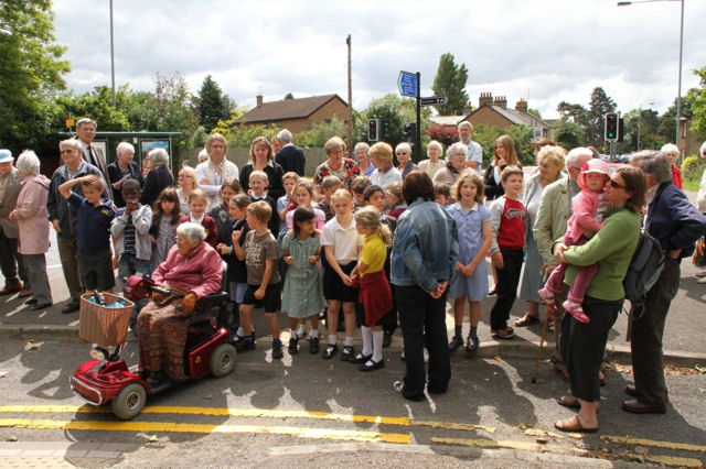 Participants and local children from Fawcett School, at the unveiling of the new village sign, 15 June 2010. Photo: Martin Jones.