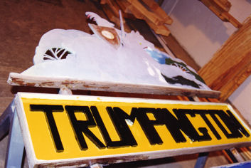 Renovation of the original village sign. Photo: Peter Dawson, 1998.