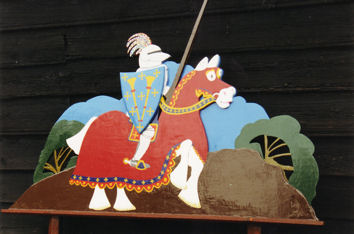 The knight on horseback after renovation of the original village sign. Photo: Peter Dawson, 1998.