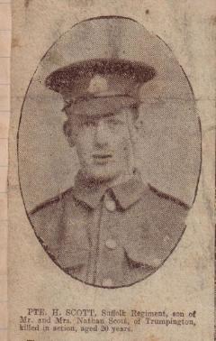 Commemoration of Private Harold Scott, Suffolk Regiment, killed in action 26 September 1916. Cambridge Independent Press, 3 November 1916, p. 3.