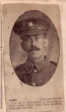 Commemoration of Private Michael Charles Metcalfe, Cambridgeshire Regiment, died 26 September 1917. Cambridge Independent Press, 29 March 1918, p. 6.