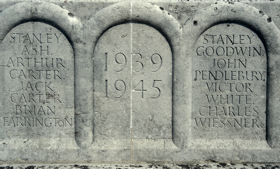 Memorial to the dead of World War II on Trumpington War Memorial. Photos: Arthur Brookes, 1997.