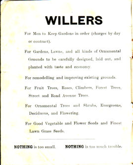 Inside front cover of booklet produced for Willers Nursery, c. 1920s. Source: Trumpington Gardening Society.