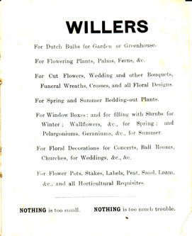 Inside back cover of booklet produced for Willers Nursery, c. 1920s. Source: Trumpington Gardening Society.