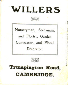 Back cover of booklet produced for Willers Nursery, c. 1920s. Source: Trumpington Gardening Society.