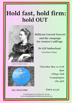 Poster for Hold fast, hold firm, hold OUT: Millicent Garrett Fawcett and the campaign for women's suffrage, meeting on 10 May 2018. Designed by Sylvia Jones.