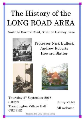Poster for the History of the Long Road Area, meeting on 27 September 2018. Designed by Sylvia Jones.