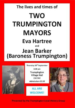 Poster for Two Trumpington Mayors: Eva Hartree and Jean Barker, meeting on 26 September 2019. Designed by Sheila Glasswell and Howard Slatter.