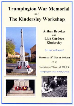 Poster for Trumpington War Memorial and the Kindersley Workshop, meeting on 15 November 2018. Designed by Sheila Glasswell.
