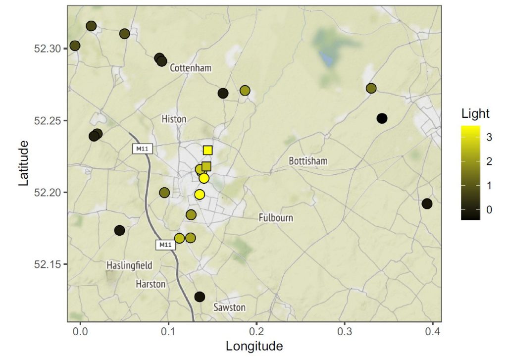 Nocturnal migration map for the Cambridge area, 2019. Simon Gillings, British Trust for Ornithology.