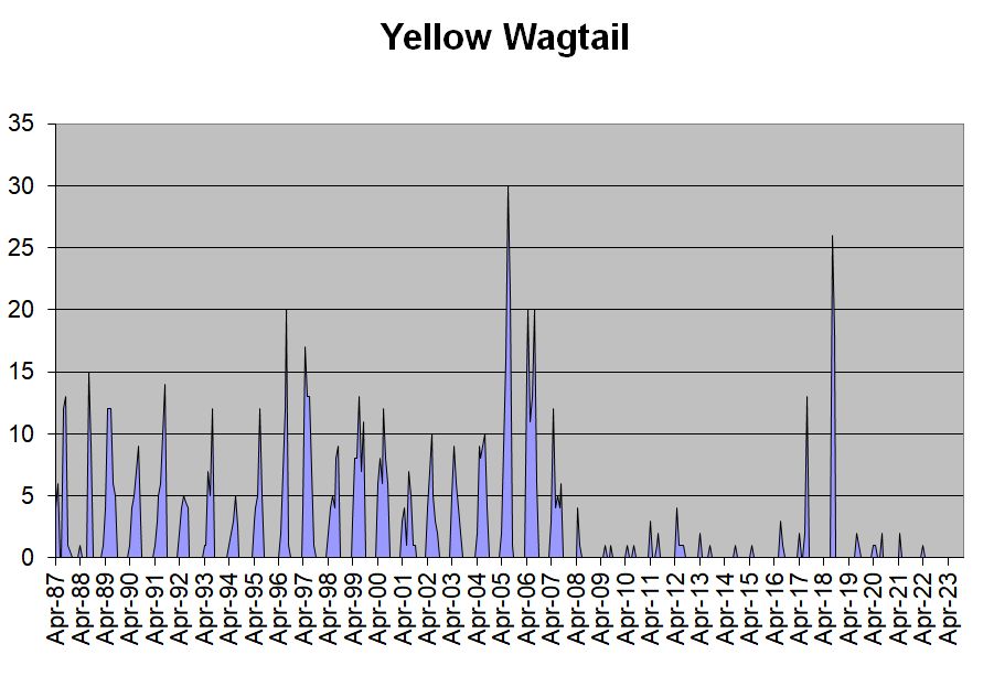 Yellow Wagtail occurrences in the Hobson’s Park area, 1987-2023. Howard Slatter.