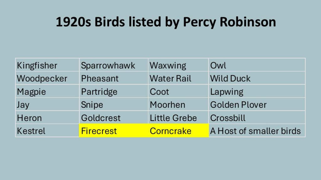 Birds listed by Percy Robinson, 1920s.